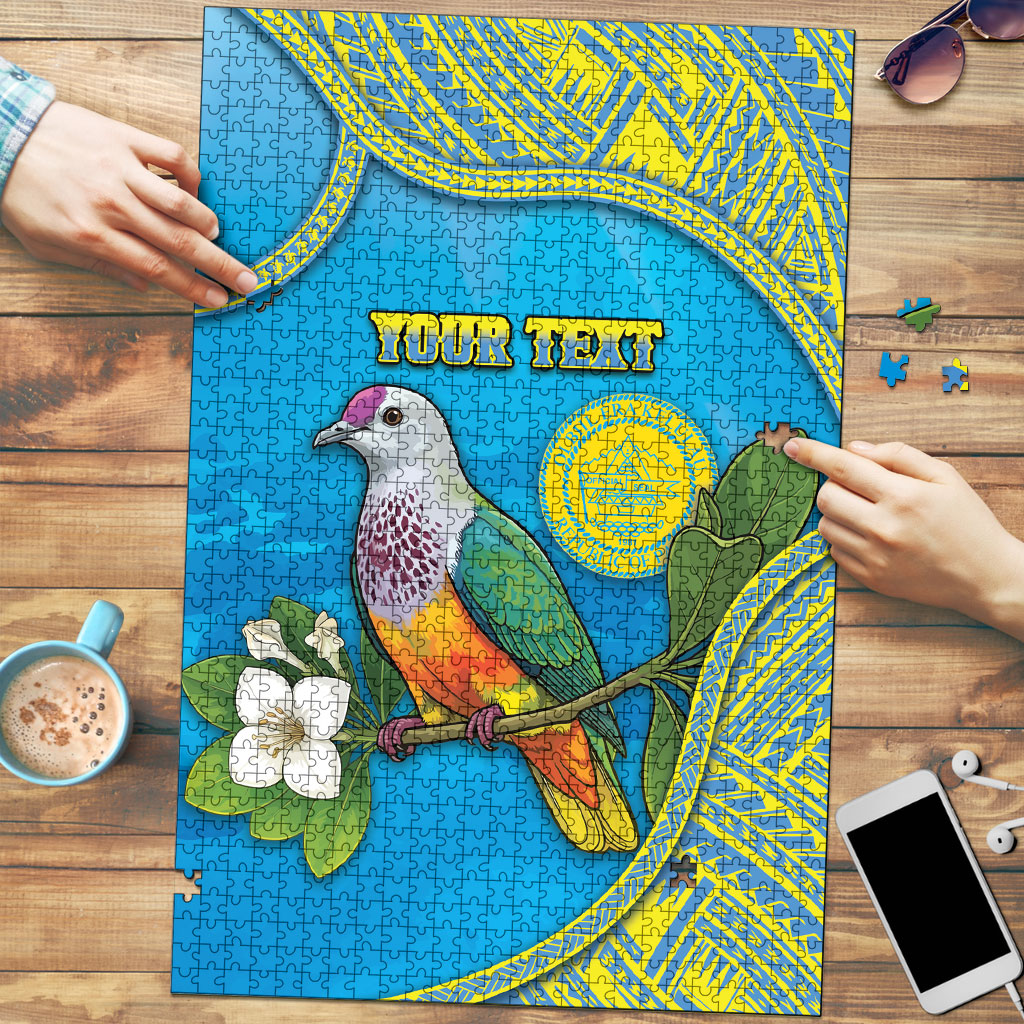 Personalised Palau Biib Bird Puzzle Rur Flower And Rock Islands Patterns DT05 Blue - Polynesian Pride