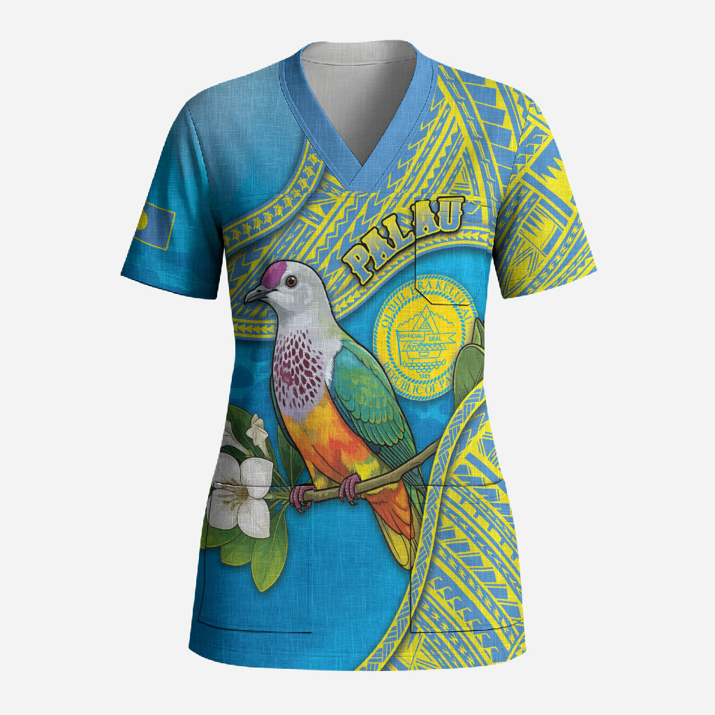 Personalised Palau Biib Bird Scrub Top Rur Flower And Rock Islands Patterns DT05 Adult Blue - Polynesian Pride