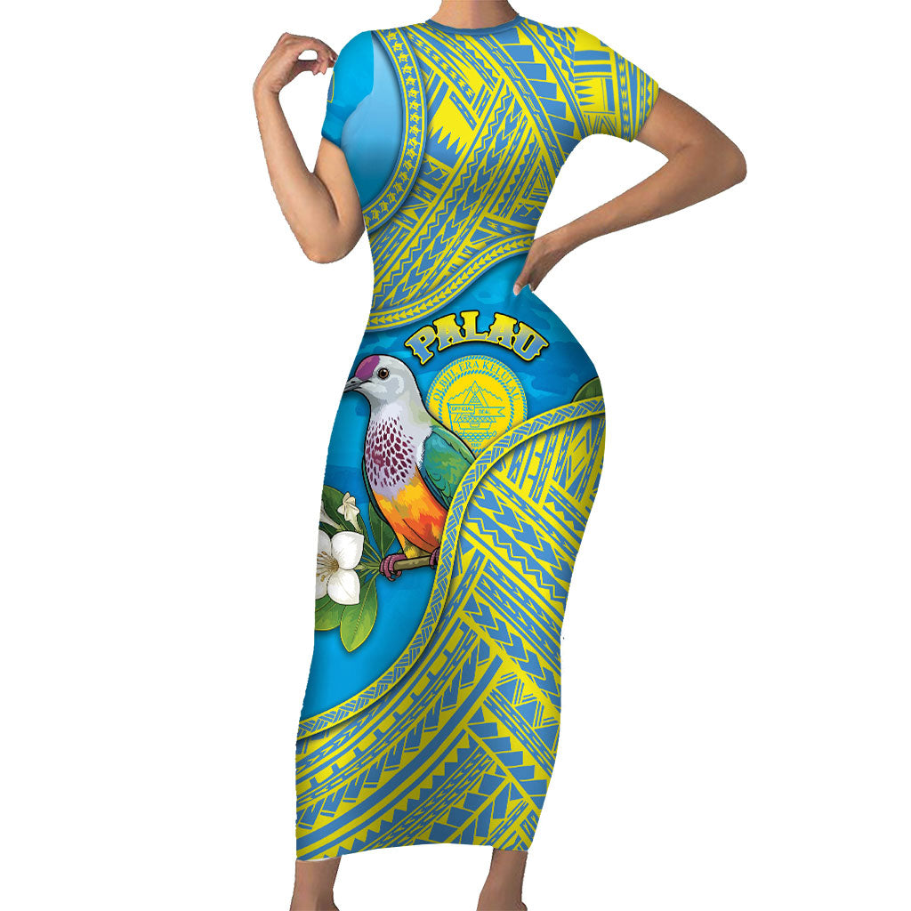 Personalised Palau Biib Bird Short Sleeve Bodycon Dress Rur Flower And Rock Islands Patterns DT05 Long Dress Blue - Polynesian Pride