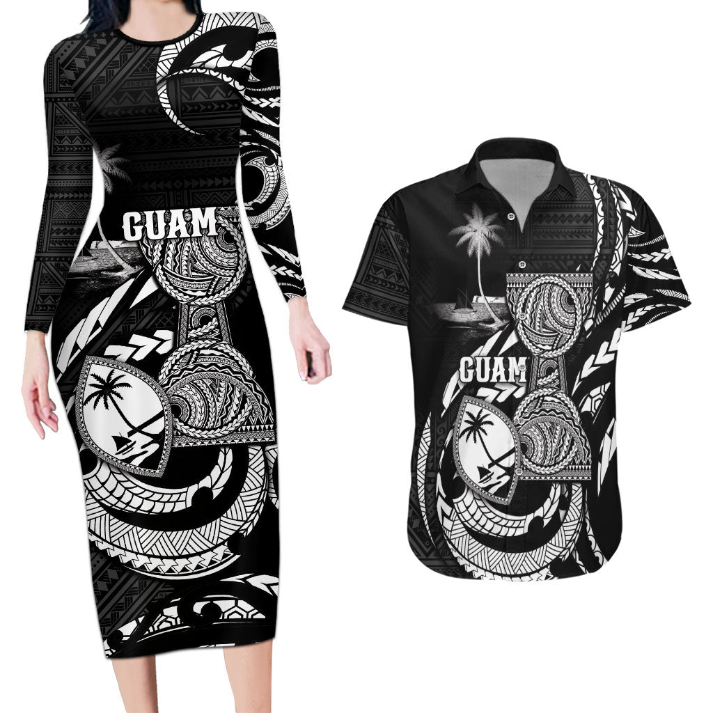 Personalised Guam Liberation Day Couples Matching Long Sleeve Bodycon Dress and Hawaiian Shirt Black White Latte Stone Tribal Patterns