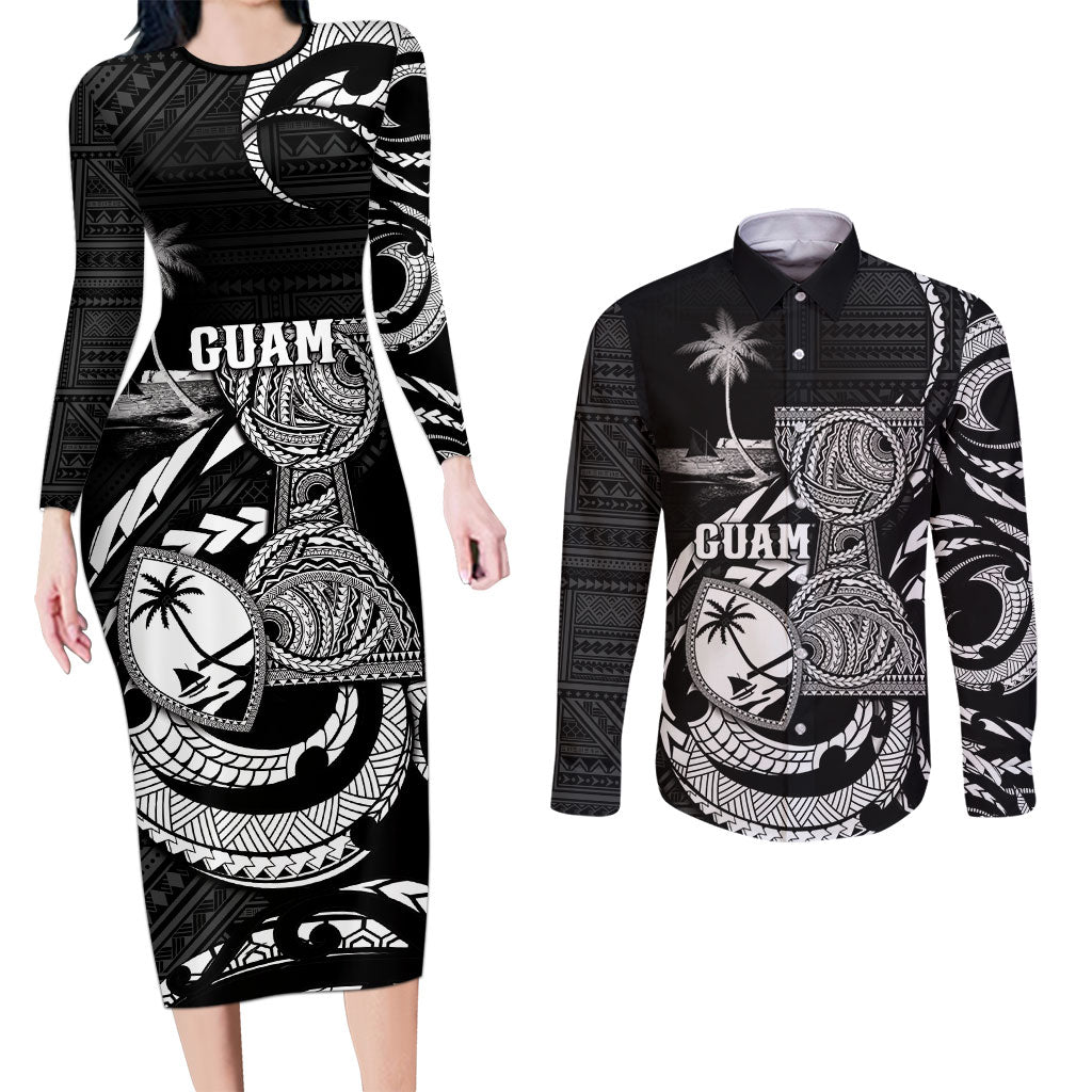 Personalised Guam Liberation Day Couples Matching Long Sleeve Bodycon Dress and Long Sleeve Button Shirt Black White Latte Stone Tribal Patterns DT05 Black - Polynesian Pride