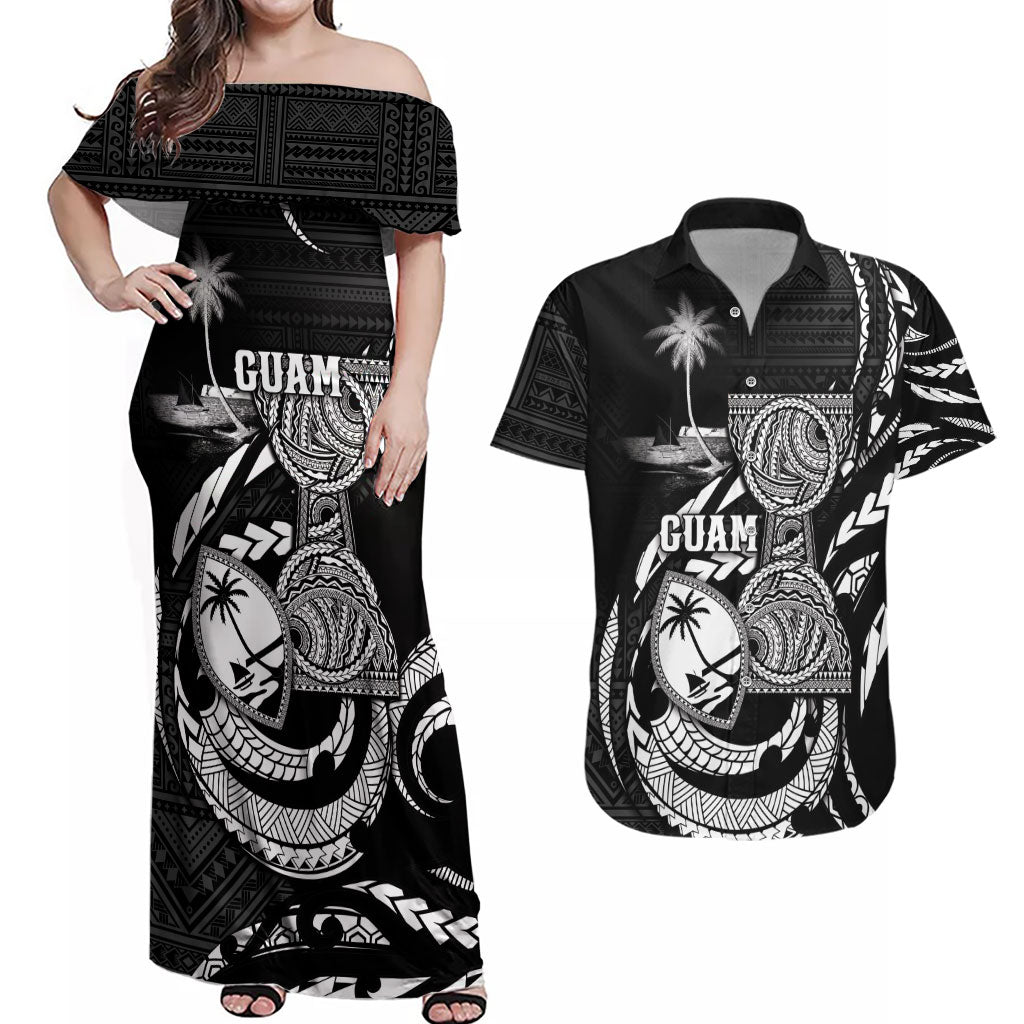 Personalised Guam Liberation Day Couples Matching Off Shoulder Maxi Dress and Hawaiian Shirt Black White Latte Stone Tribal Patterns DT05 Black - Polynesian Pride