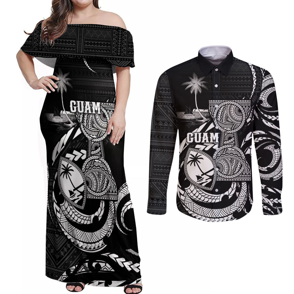 Personalised Guam Liberation Day Couples Matching Off Shoulder Maxi Dress and Long Sleeve Button Shirt Black White Latte Stone Tribal Patterns DT05 Black - Polynesian Pride