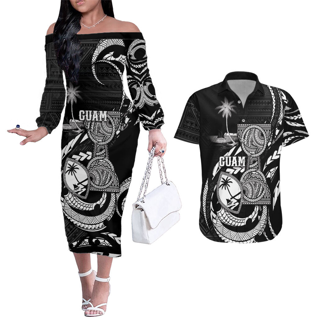 Personalised Guam Liberation Day Couples Matching Off The Shoulder Long Sleeve Dress and Hawaiian Shirt Black White Latte Stone Tribal Patterns DT05 Black - Polynesian Pride