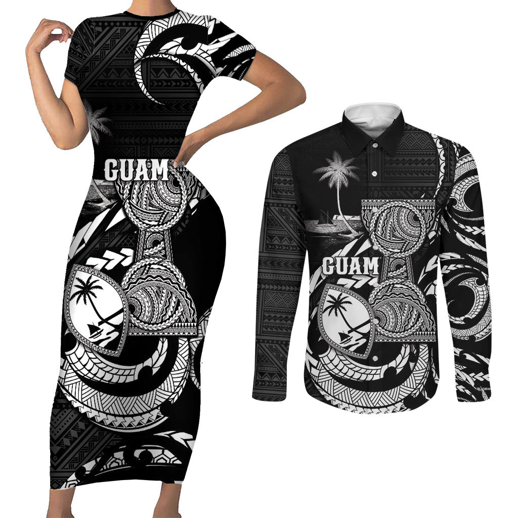 Personalised Guam Liberation Day Couples Matching Short Sleeve Bodycon Dress and Long Sleeve Button Shirt Black White Latte Stone Tribal Patterns