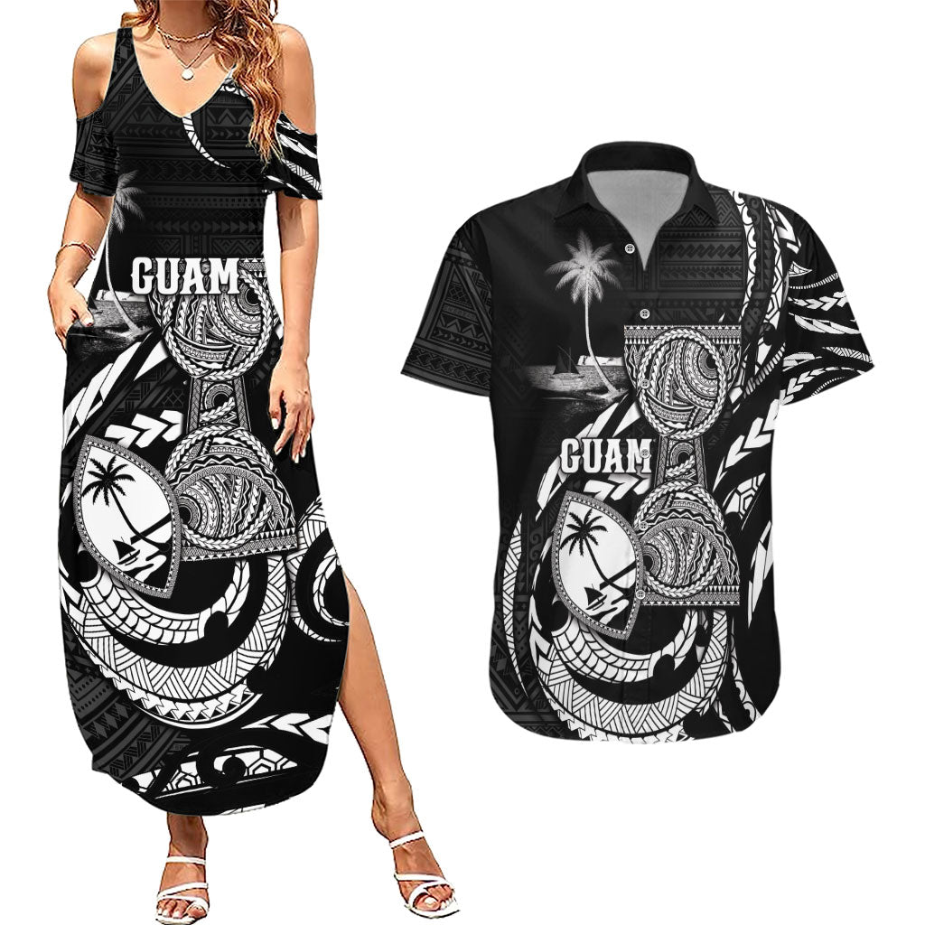 Personalised Guam Liberation Day Couples Matching Summer Maxi Dress and Hawaiian Shirt Black White Latte Stone Tribal Patterns DT05 Black - Polynesian Pride