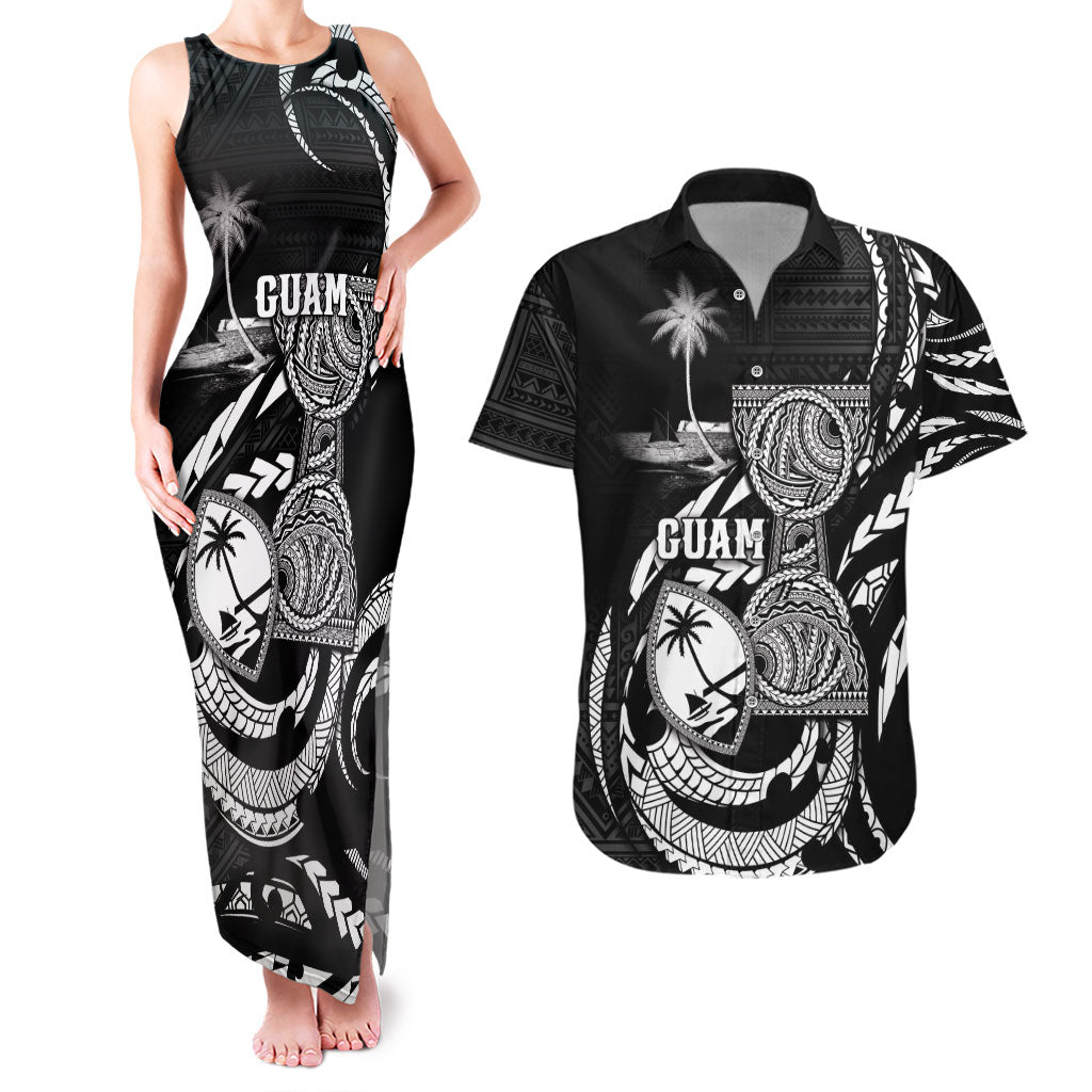 Personalised Guam Liberation Day Couples Matching Tank Maxi Dress and Hawaiian Shirt Black White Latte Stone Tribal Patterns DT05 Black - Polynesian Pride