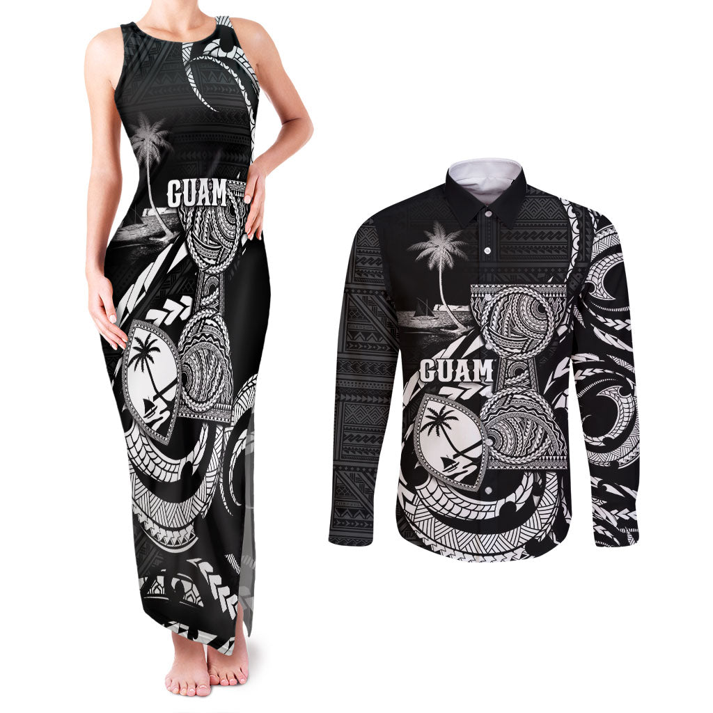 Personalised Guam Liberation Day Couples Matching Tank Maxi Dress and Long Sleeve Button Shirt Black White Latte Stone Tribal Patterns