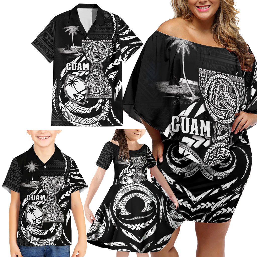 Personalised Guam Liberation Day Family Matching Off Shoulder Short Dress and Hawaiian Shirt Black White Latte Stone Tribal Patterns