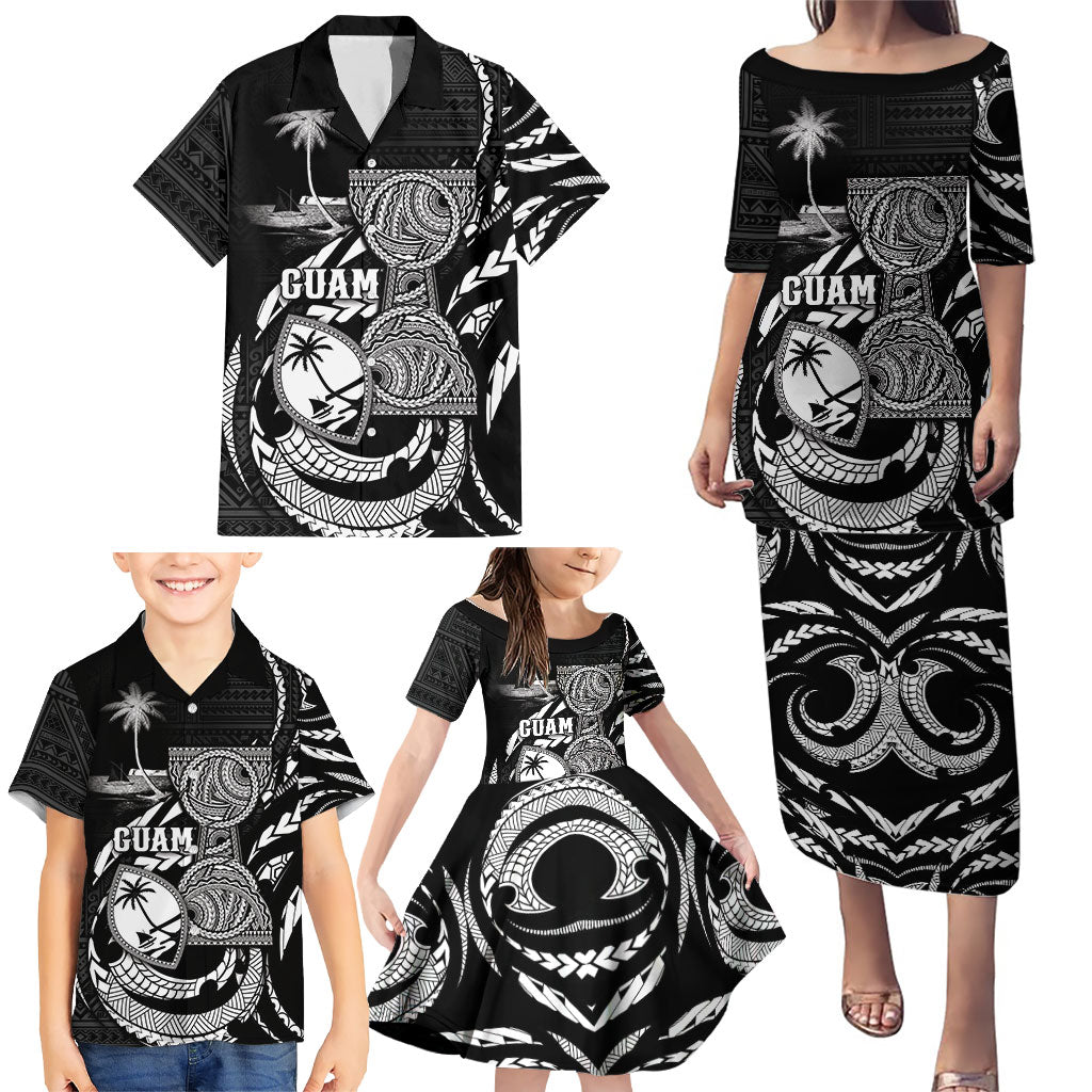 Personalised Guam Liberation Day Family Matching Puletasi and Hawaiian Shirt Black White Latte Stone Tribal Patterns