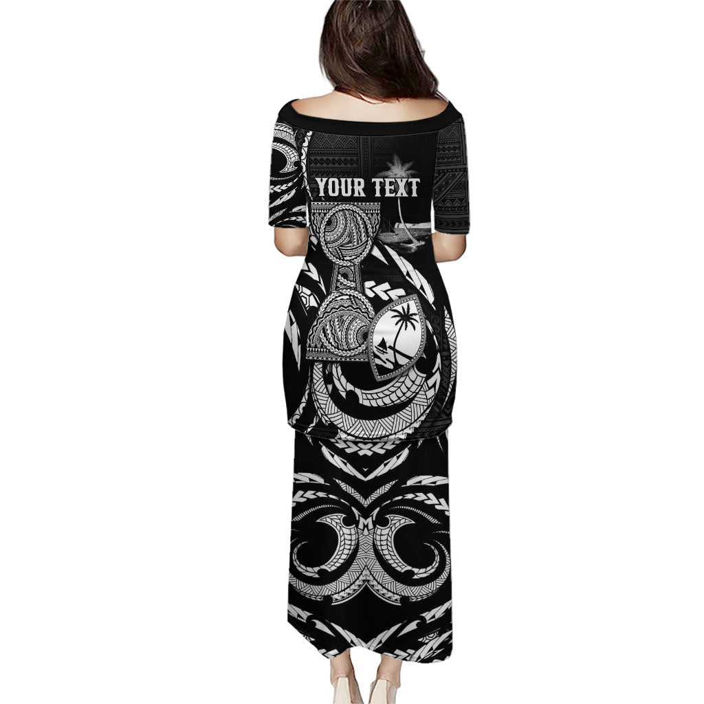 Personalised Guam Liberation Day Family Matching Puletasi and Hawaiian Shirt Black White Latte Stone Tribal Patterns