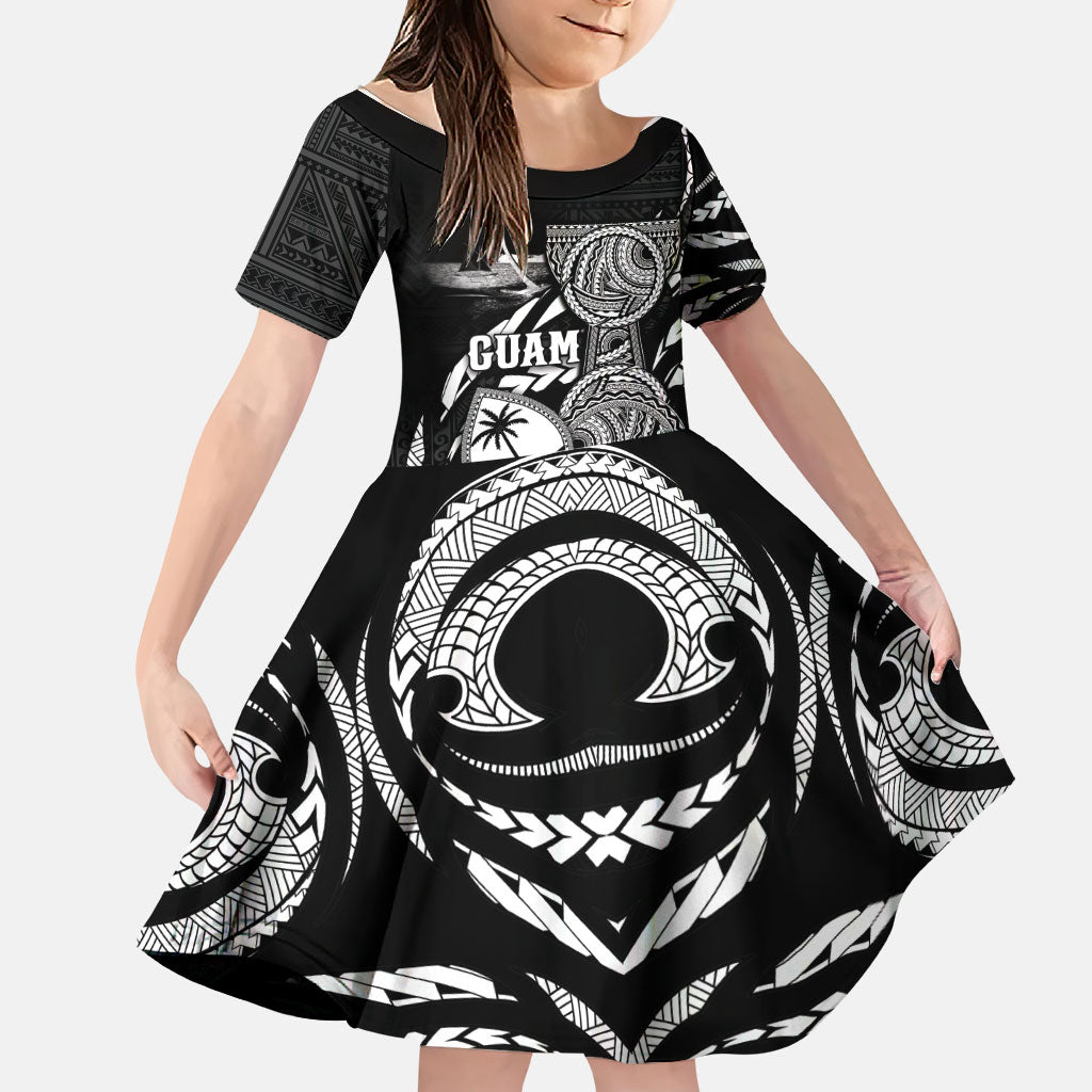 Personalised Guam Liberation Day Family Matching Short Sleeve Bodycon Dress and Hawaiian Shirt Black White Latte Stone Tribal Patterns