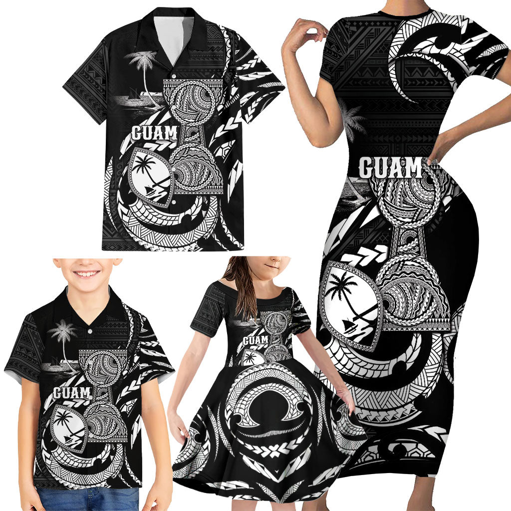 Personalised Guam Liberation Day Family Matching Short Sleeve Bodycon Dress and Hawaiian Shirt Black White Latte Stone Tribal Patterns DT05 - Polynesian Pride