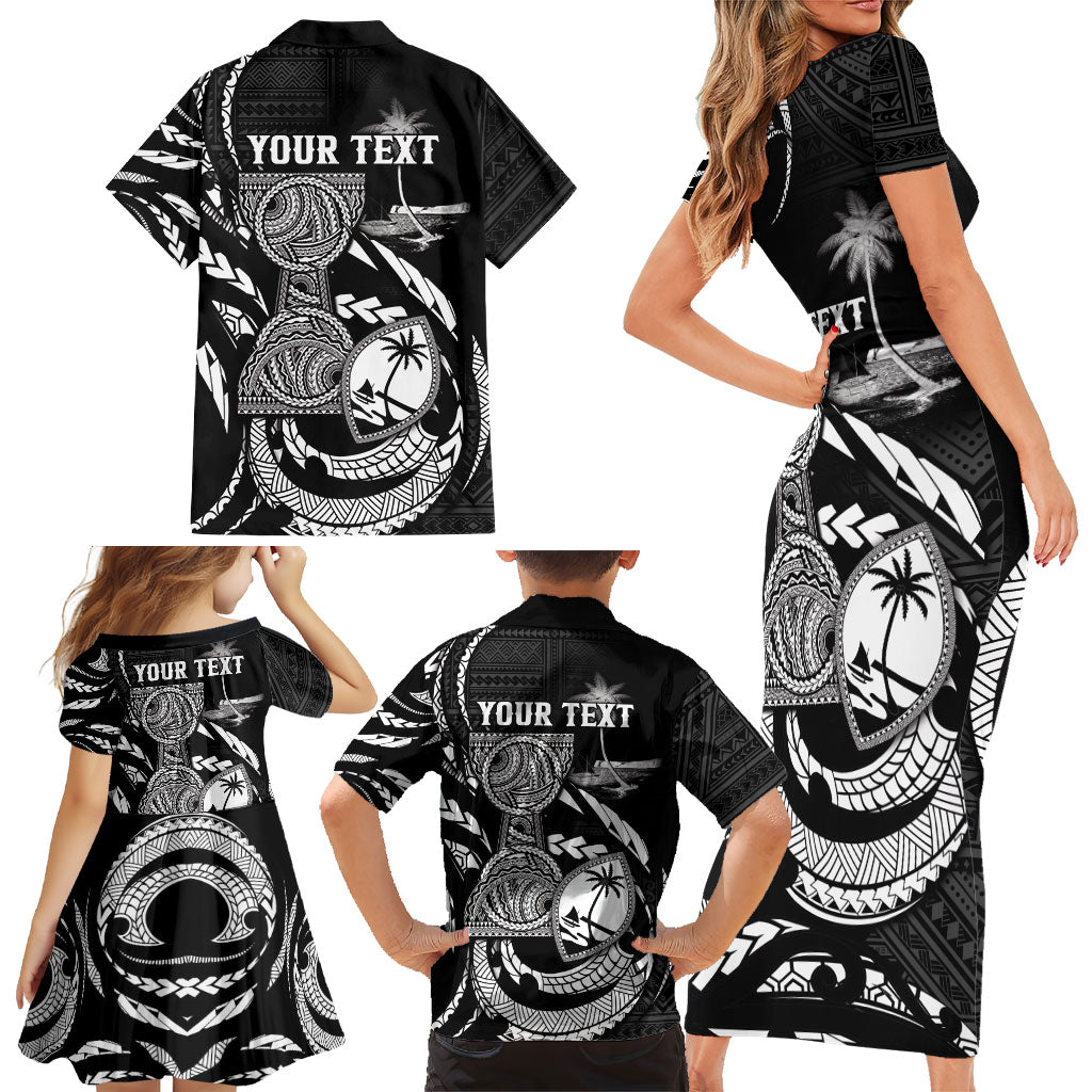 Personalised Guam Liberation Day Family Matching Short Sleeve Bodycon Dress and Hawaiian Shirt Black White Latte Stone Tribal Patterns
