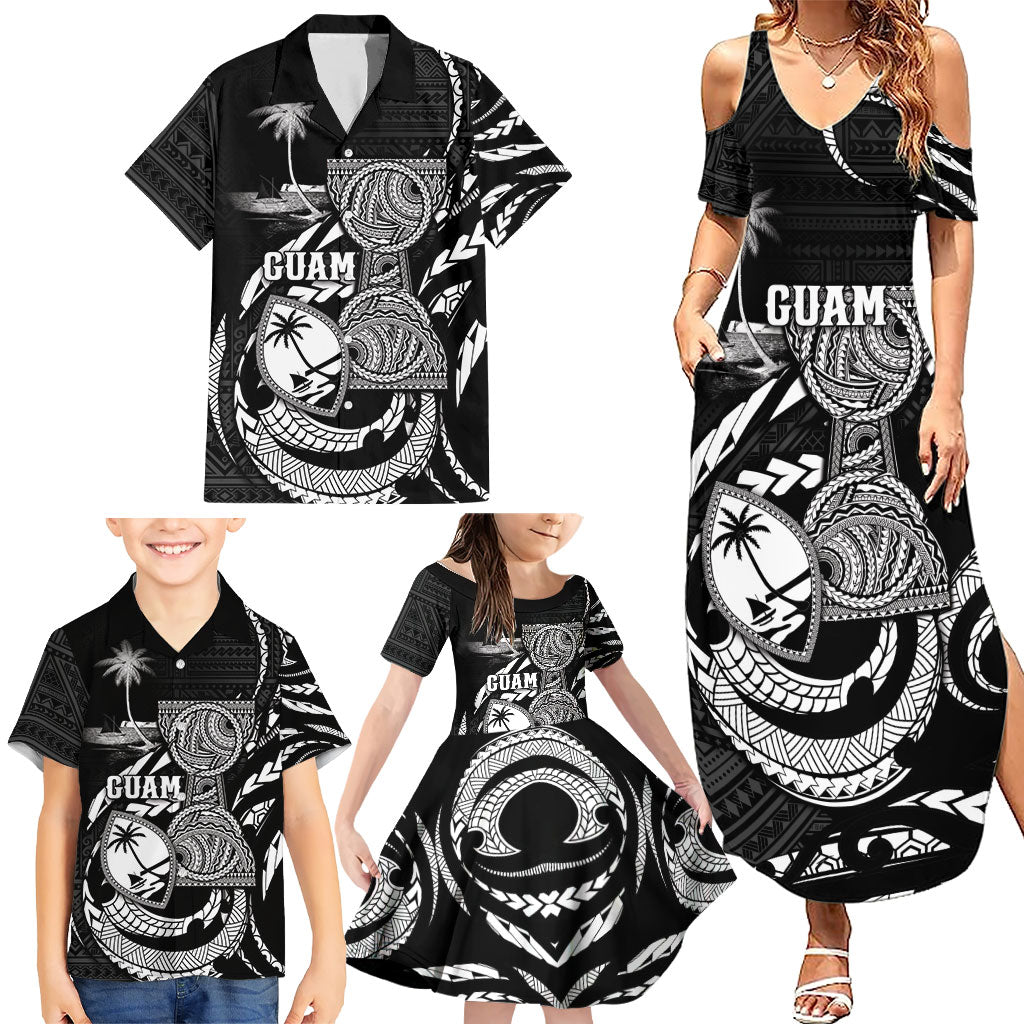 Personalised Guam Liberation Day Family Matching Summer Maxi Dress and Hawaiian Shirt Black White Latte Stone Tribal Patterns