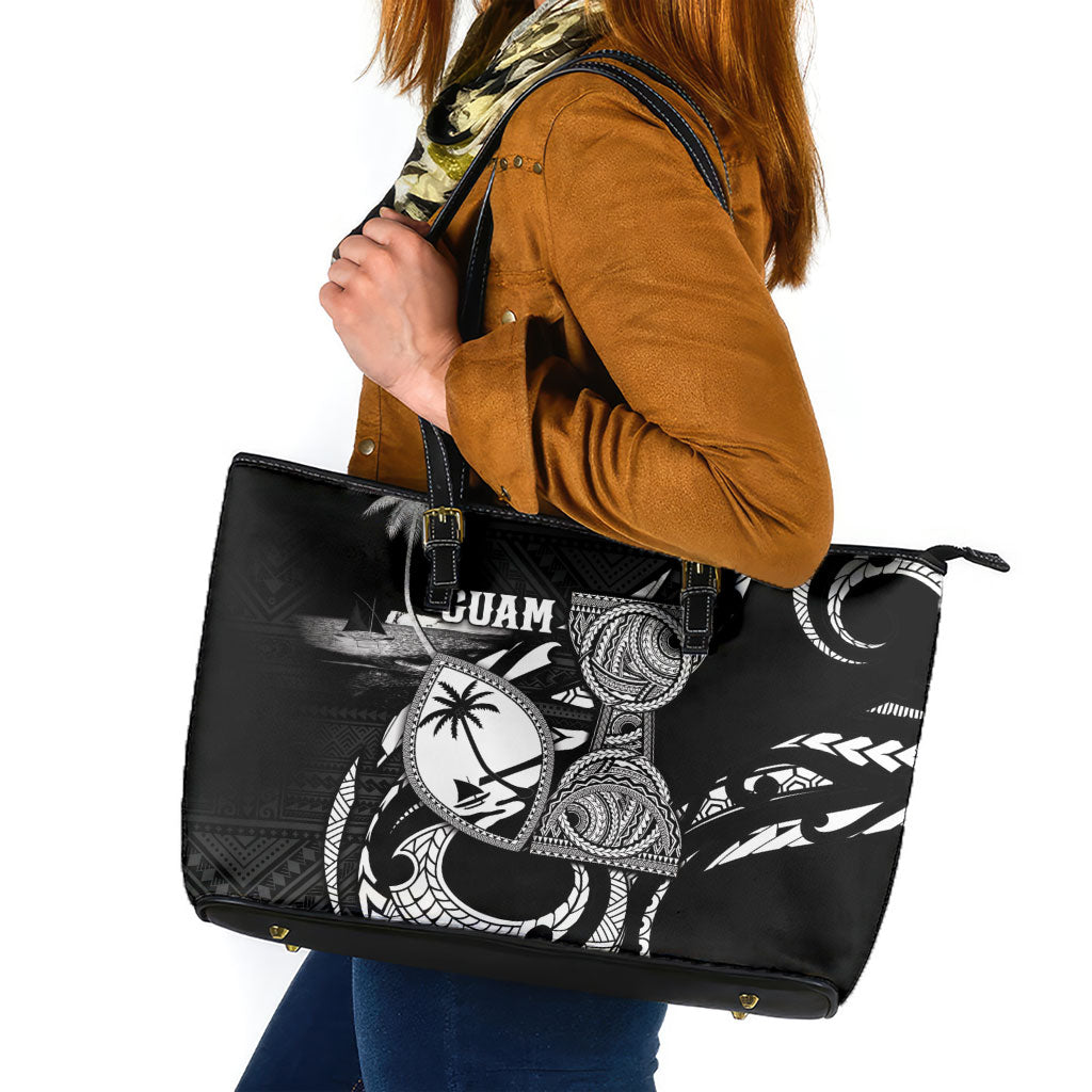 Guam Liberation Day Leather Tote Bag Black White Latte Stone Tribal Patterns