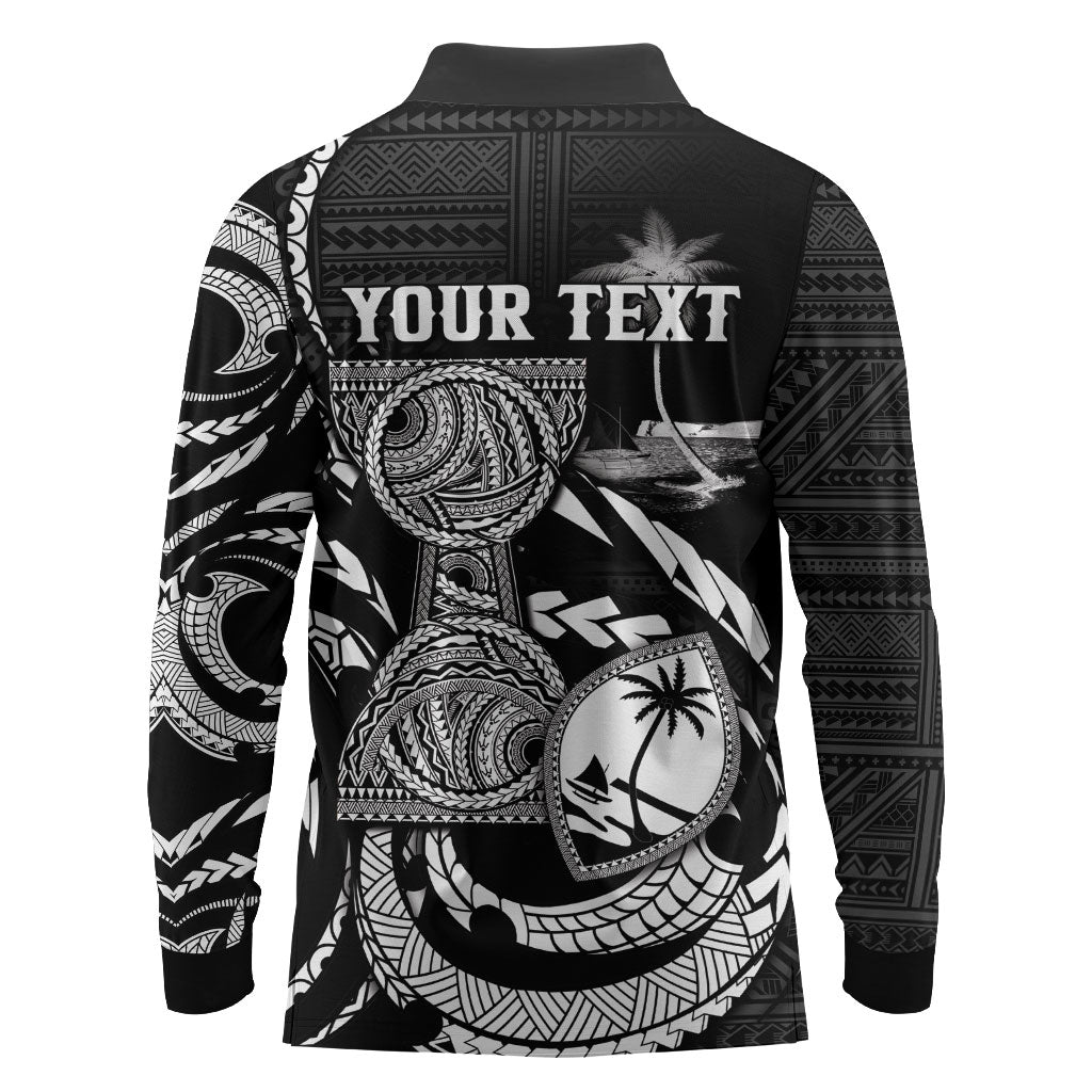 Personalised Guam Liberation Day Long Sleeve Polo Shirt Black White Latte Stone Tribal Patterns