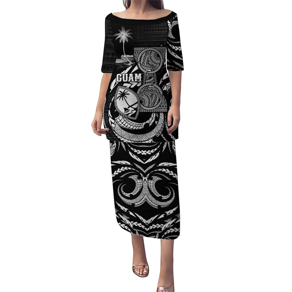 Personalised Guam Liberation Day Puletasi Black White Latte Stone Tribal Patterns