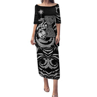 Personalised Guam Liberation Day Puletasi Black White Latte Stone Tribal Patterns
