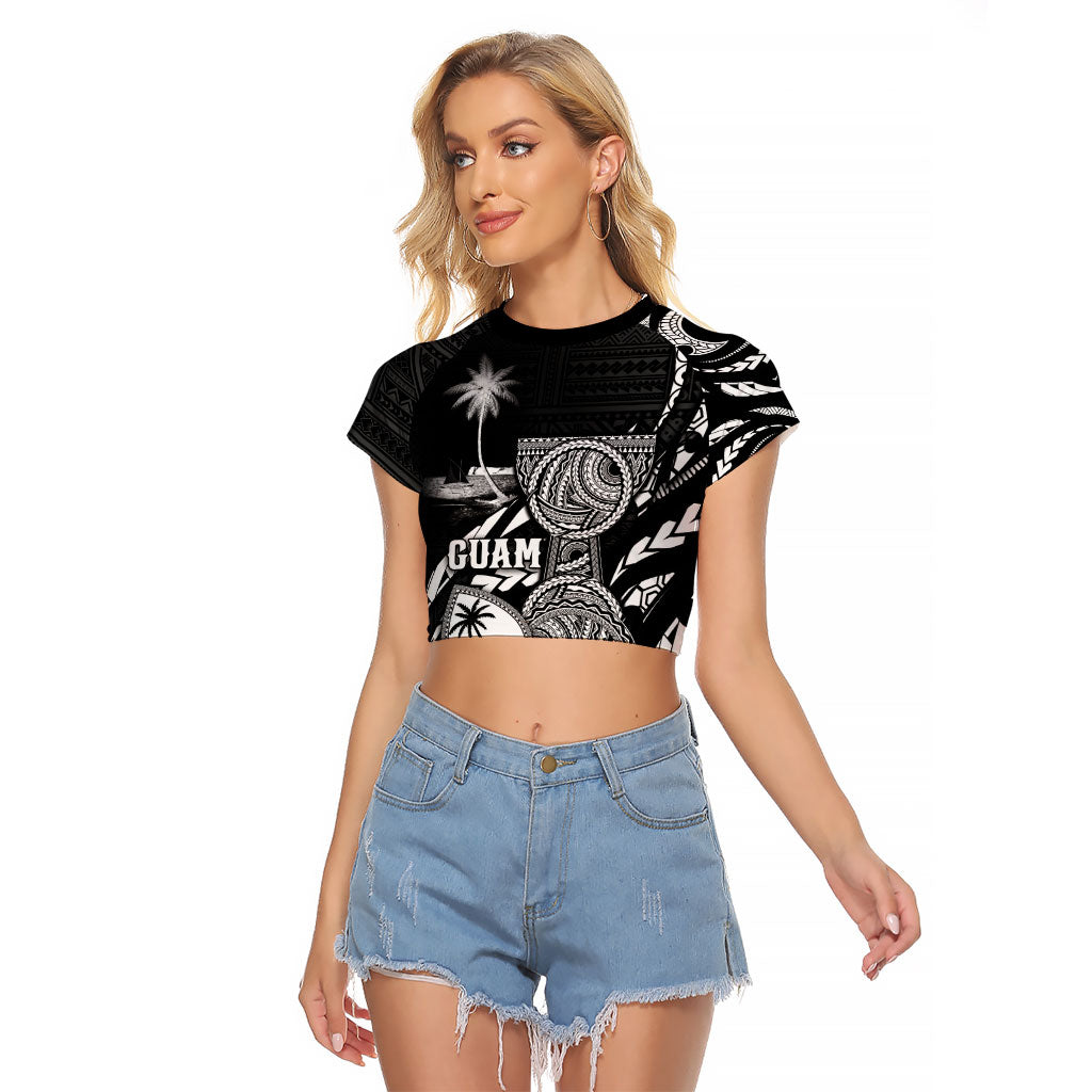 Personalised Guam Liberation Day Raglan Cropped T Shirt Black White Latte Stone Tribal Patterns DT05 Female Black - Polynesian Pride