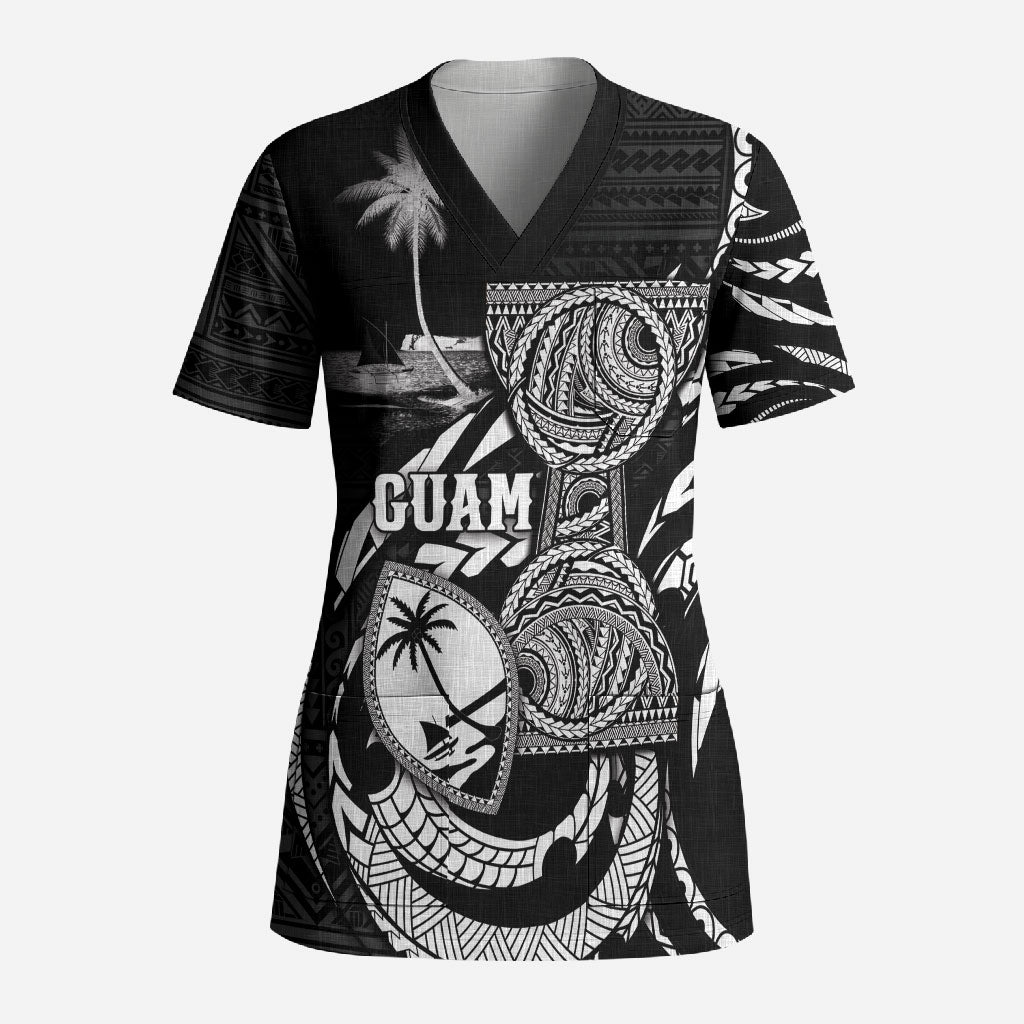 Personalised Guam Liberation Day Scrub Top Black White Latte Stone Tribal Patterns DT05 Adult Black - Polynesian Pride