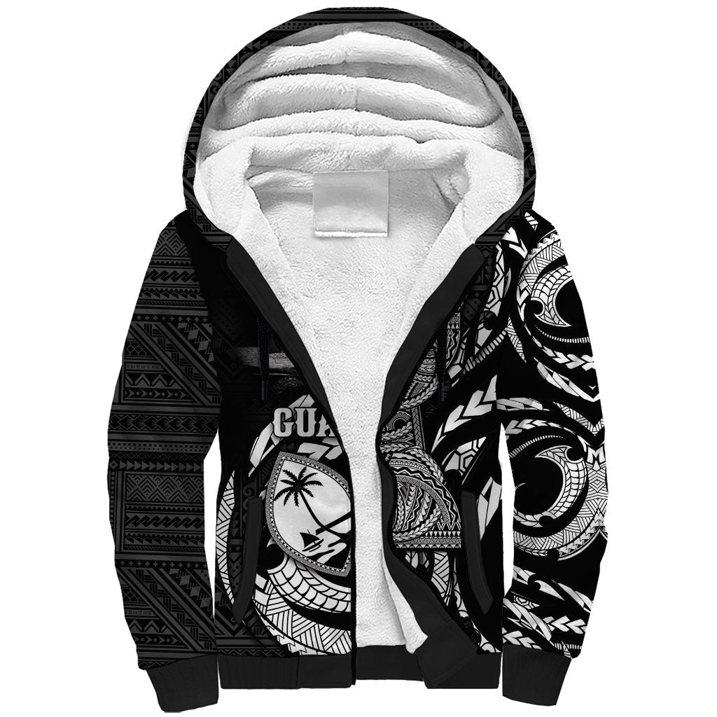 Personalised Guam Liberation Day Sherpa Hoodie Black White Latte Stone Tribal Patterns