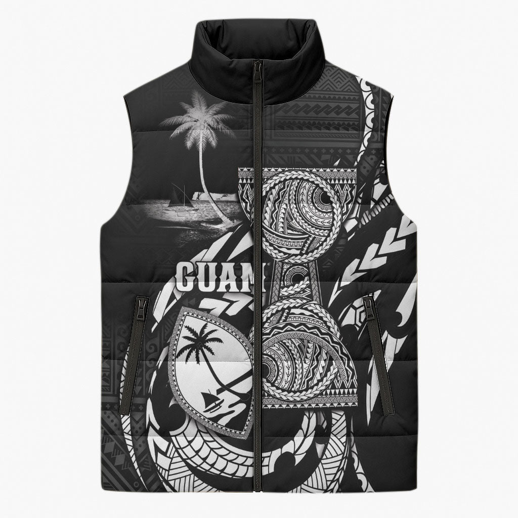 Personalised Guam Liberation Day Sleeveless Puffer Jacket Black White Latte Stone Tribal Patterns DT05 Unisex Black - Polynesian Pride