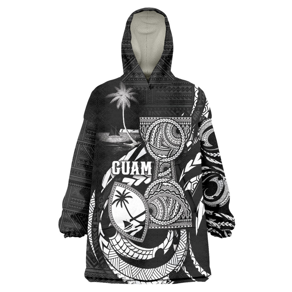 Personalised Guam Liberation Day Wearable Blanket Hoodie Black White Latte Stone Tribal Patterns