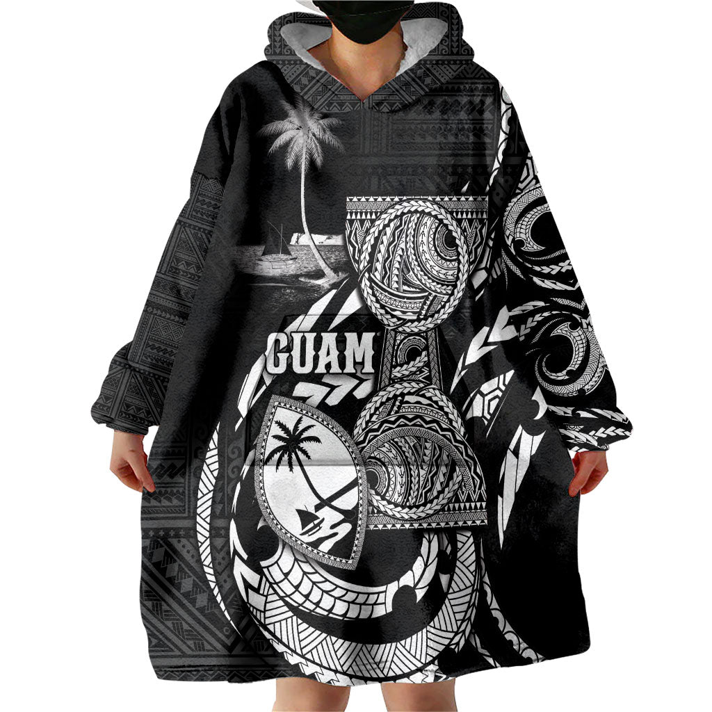Personalised Guam Liberation Day Wearable Blanket Hoodie Black White Latte Stone Tribal Patterns