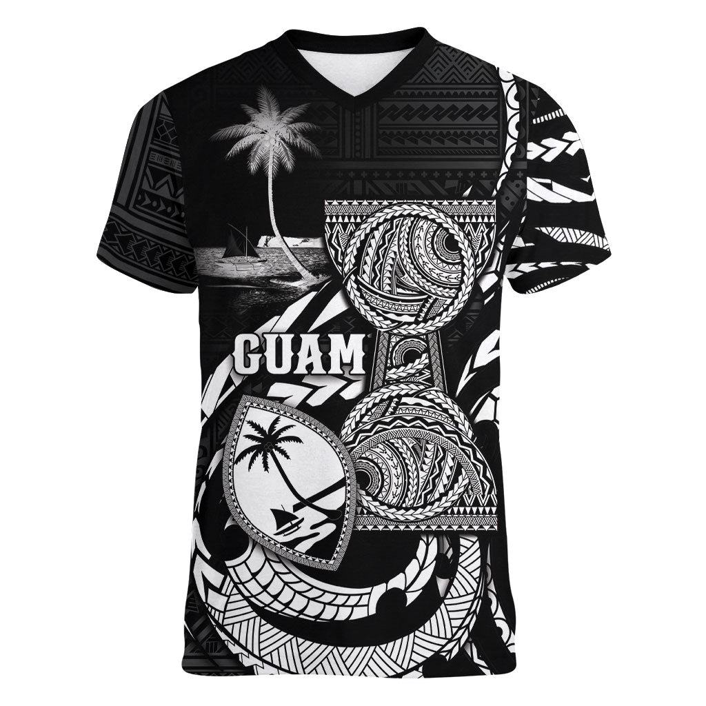Personalised Guam Liberation Day Women V-Neck T-Shirt Black White Latte Stone Tribal Patterns DT05 Female Black - Polynesian Pride