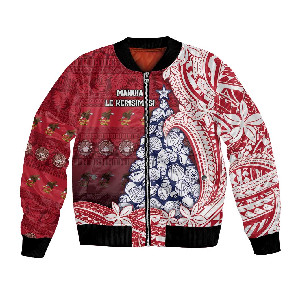 American Samoa Christmas Bomber Jacket Seashell Xmas Tree Tribal Waves DT05 Unisex Red - Polynesian Pride