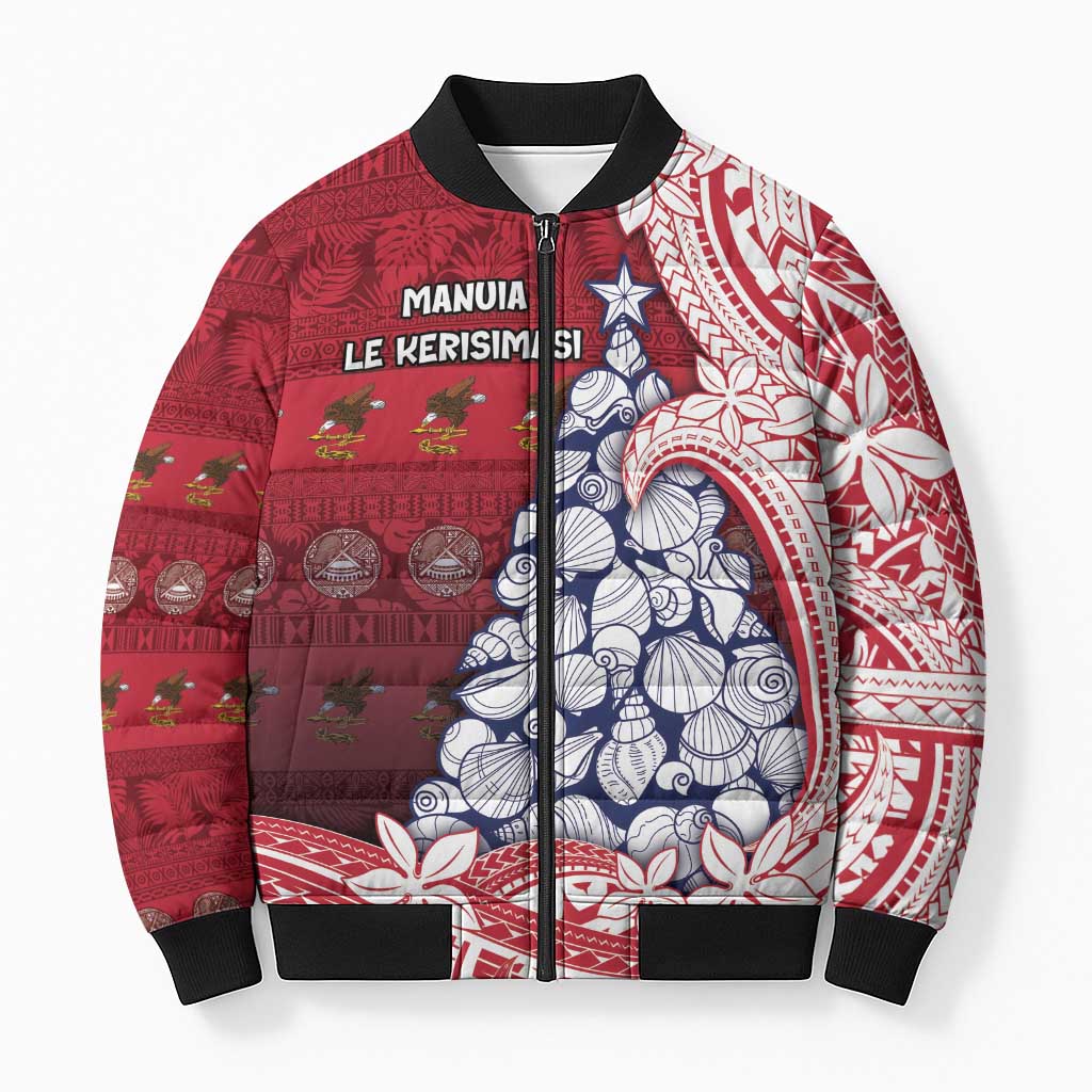 American Samoa Christmas Bomber Puffer Jacket Seashell Xmas Tree Tribal Waves DT05 Unisex Red - Polynesian Pride