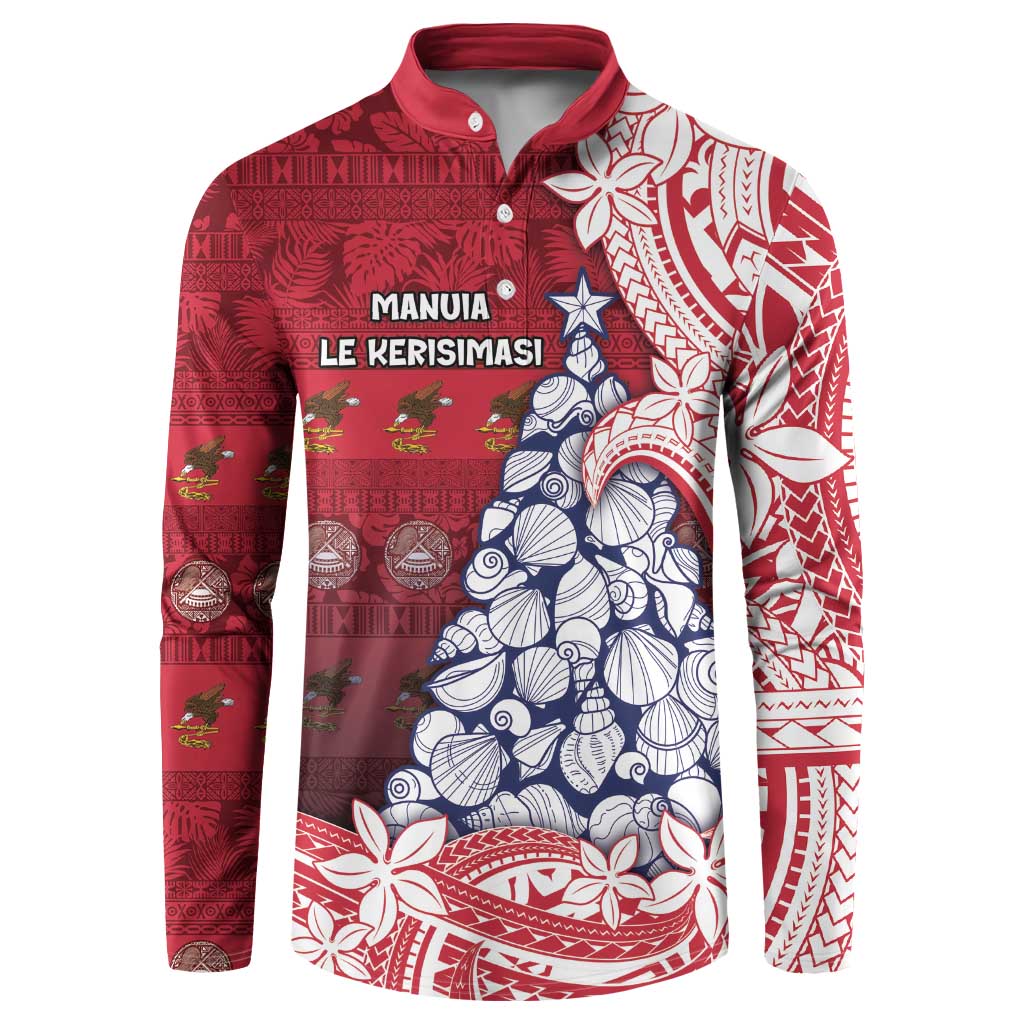 American Samoa Christmas Button Sweatshirt Seashell Xmas Tree Tribal Waves DT05 Red - Polynesian Pride