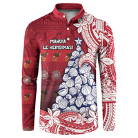 American Samoa Christmas Button Sweatshirt Seashell Xmas Tree Tribal Waves DT05 Red - Polynesian Pride