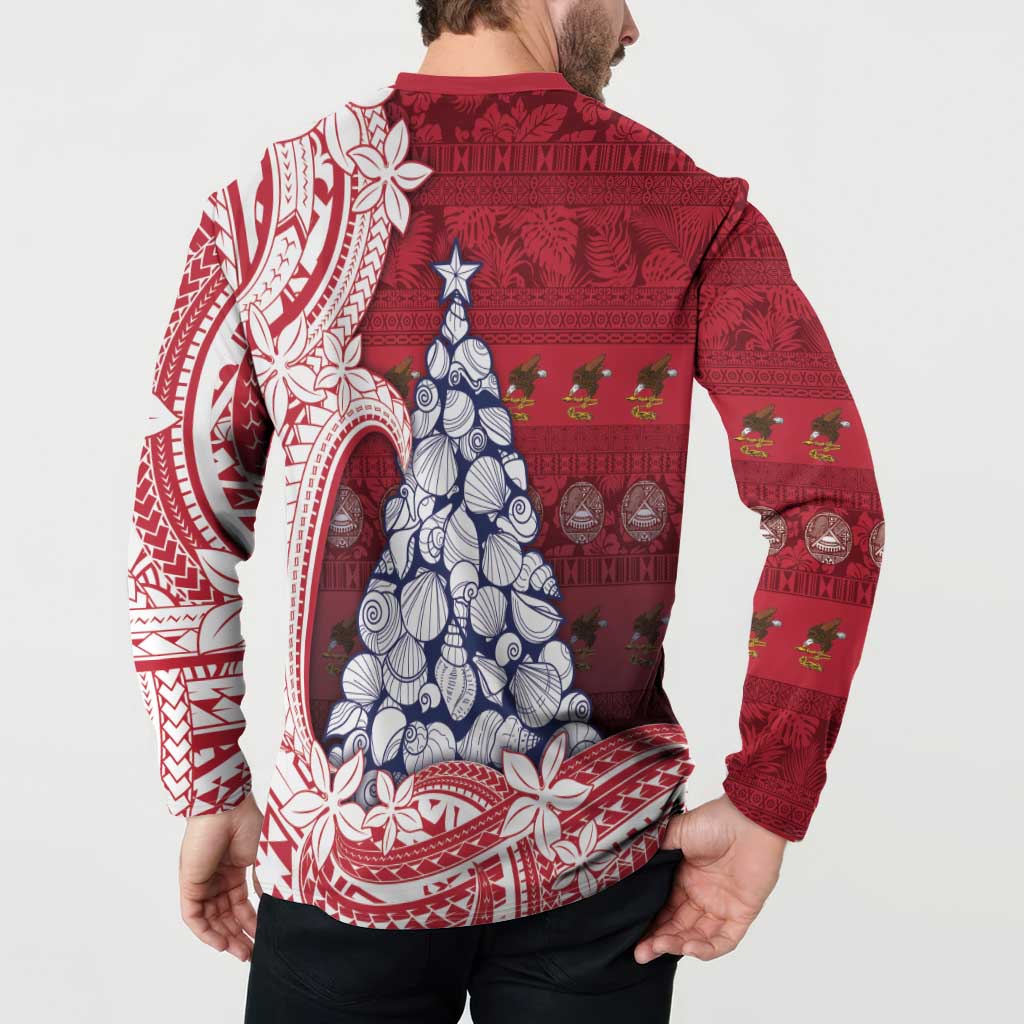 American Samoa Christmas Button Sweatshirt Seashell Xmas Tree Tribal Waves DT05 - Polynesian Pride