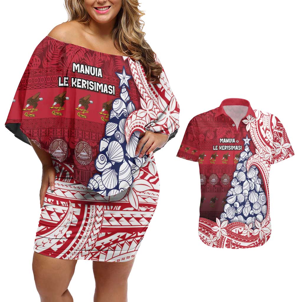 American Samoa Christmas Couples Matching Off Shoulder Short Dress and Hawaiian Shirt Seashell Xmas Tree Tribal Waves - Polynesian Pride