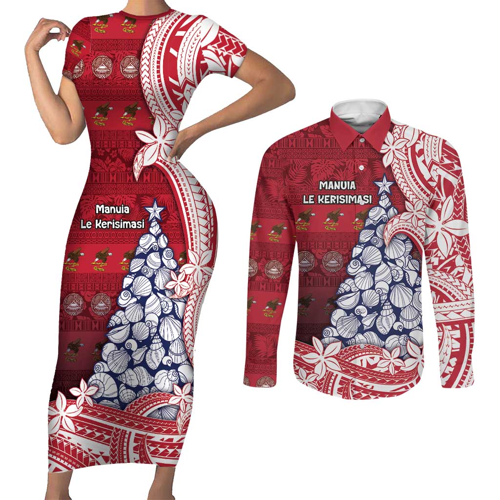 American Samoa Christmas Couples Matching Short Sleeve Bodycon Dress and Long Sleeve Button Shirt Seashell Xmas Tree Tribal Waves DT05 Red - Polynesian Pride