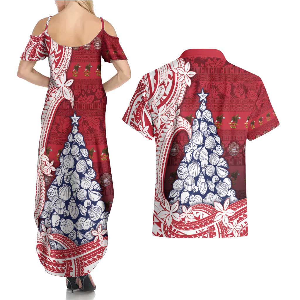 American Samoa Christmas Couples Matching Summer Maxi Dress and Hawaiian Shirt Seashell Xmas Tree Tribal Waves - Polynesian Pride