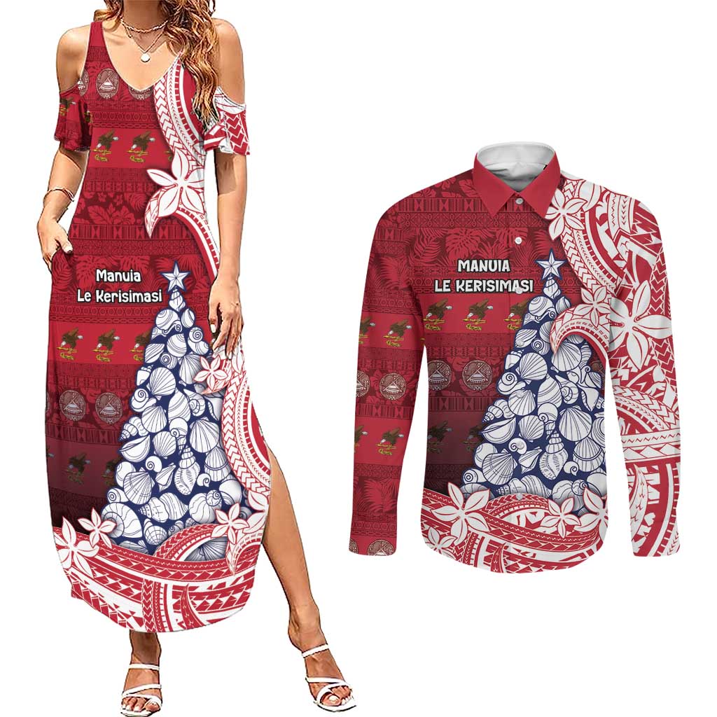 American Samoa Christmas Couples Matching Summer Maxi Dress and Long Sleeve Button Shirt Seashell Xmas Tree Tribal Waves - Polynesian Pride