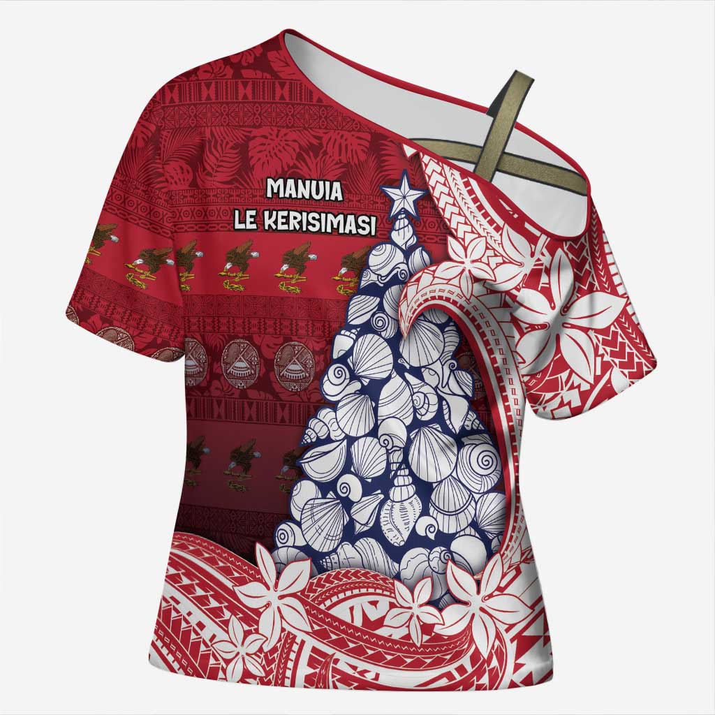 American Samoa Christmas Cross Shoulder Shirt Seashell Xmas Tree Tribal Waves - Polynesian Pride