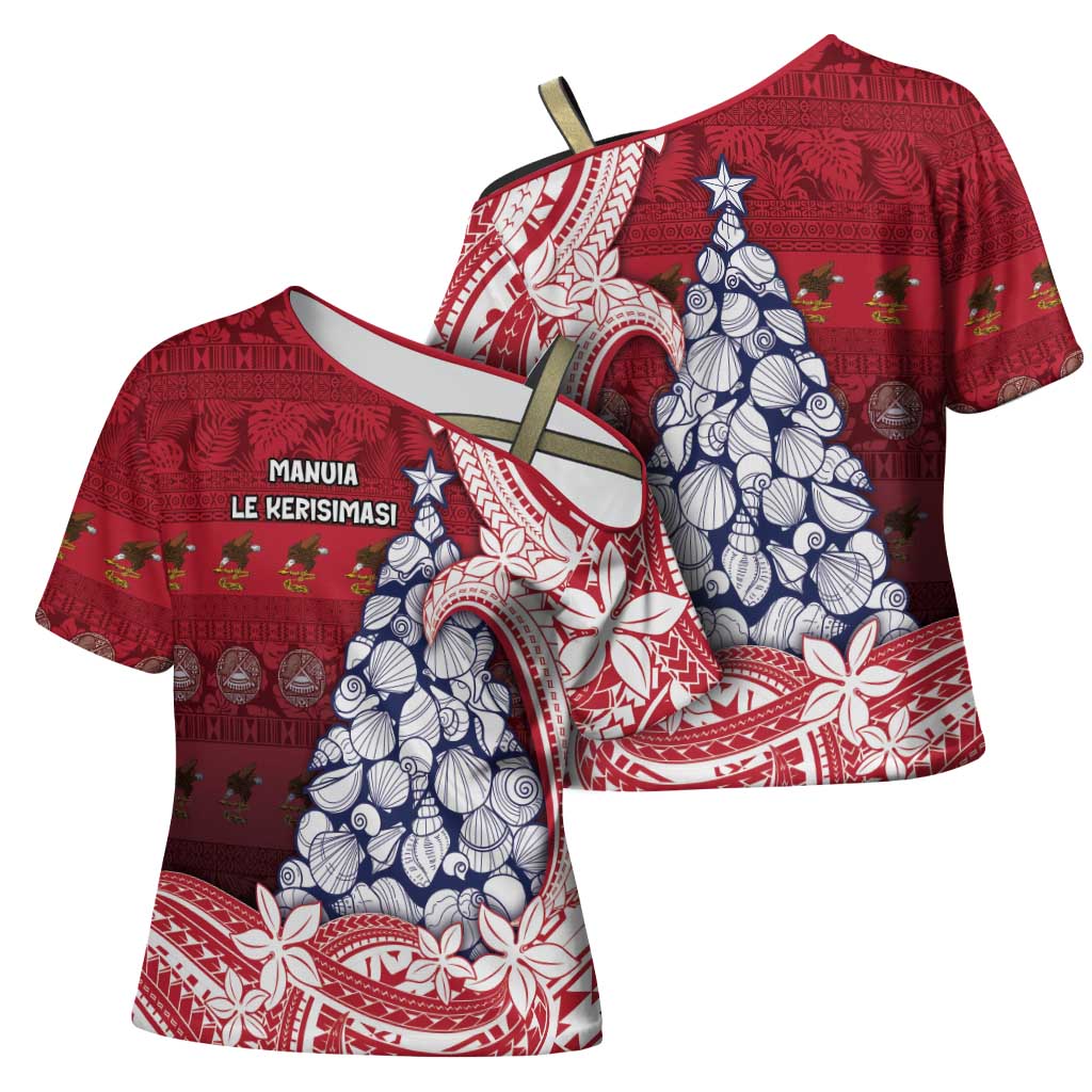 American Samoa Christmas Cross Shoulder Shirt Seashell Xmas Tree Tribal Waves DT05 - Polynesian Pride