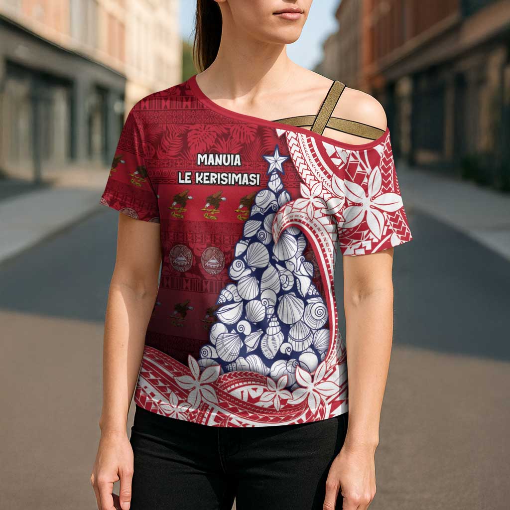 American Samoa Christmas Cross Shoulder Shirt Seashell Xmas Tree Tribal Waves DT05 - Polynesian Pride
