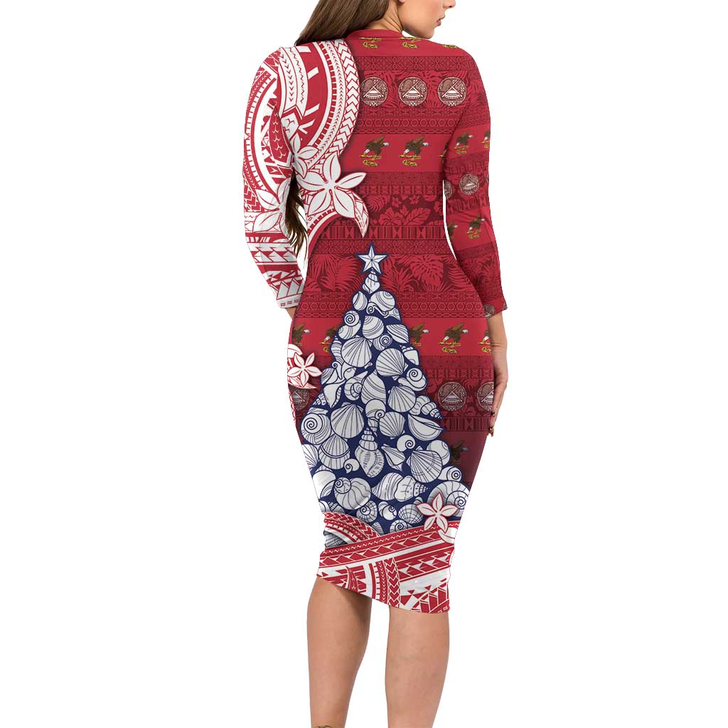 American Samoa Christmas Family Matching Long Sleeve Bodycon Dress and Hawaiian Shirt Seashell Xmas Tree Tribal Waves - Polynesian Pride
