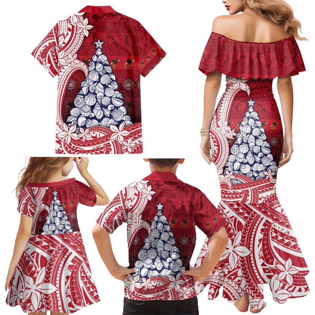 American Samoa Christmas Family Matching Mermaid Dress and Hawaiian Shirt Seashell Xmas Tree Tribal Waves - Polynesian Pride
