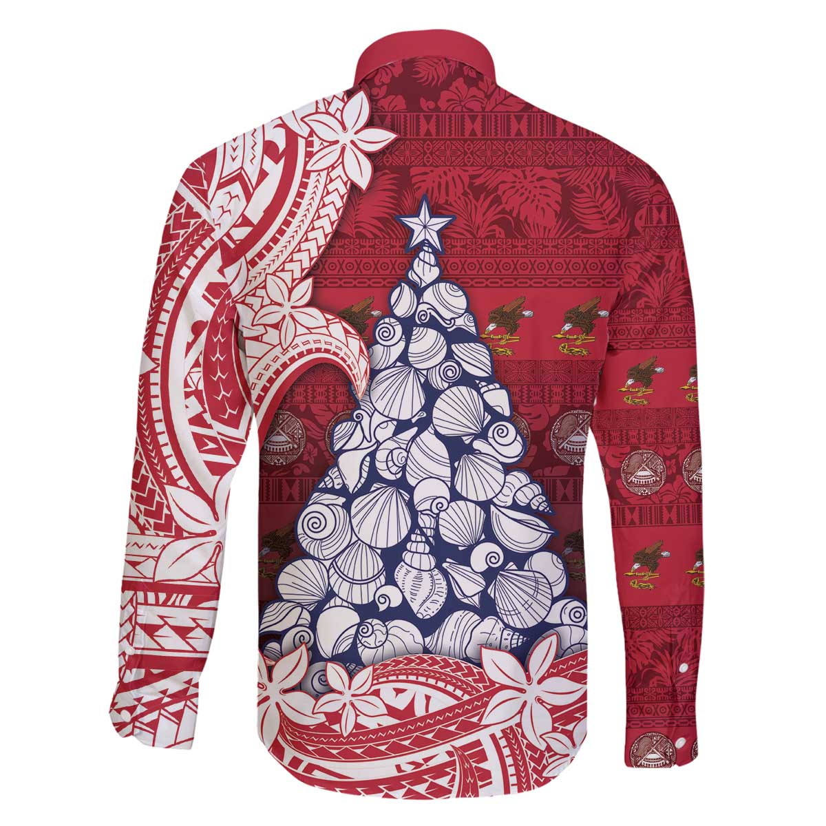 American Samoa Christmas Family Matching Off The Shoulder Long Sleeve Dress and Hawaiian Shirt Seashell Xmas Tree Tribal Waves - Polynesian Pride