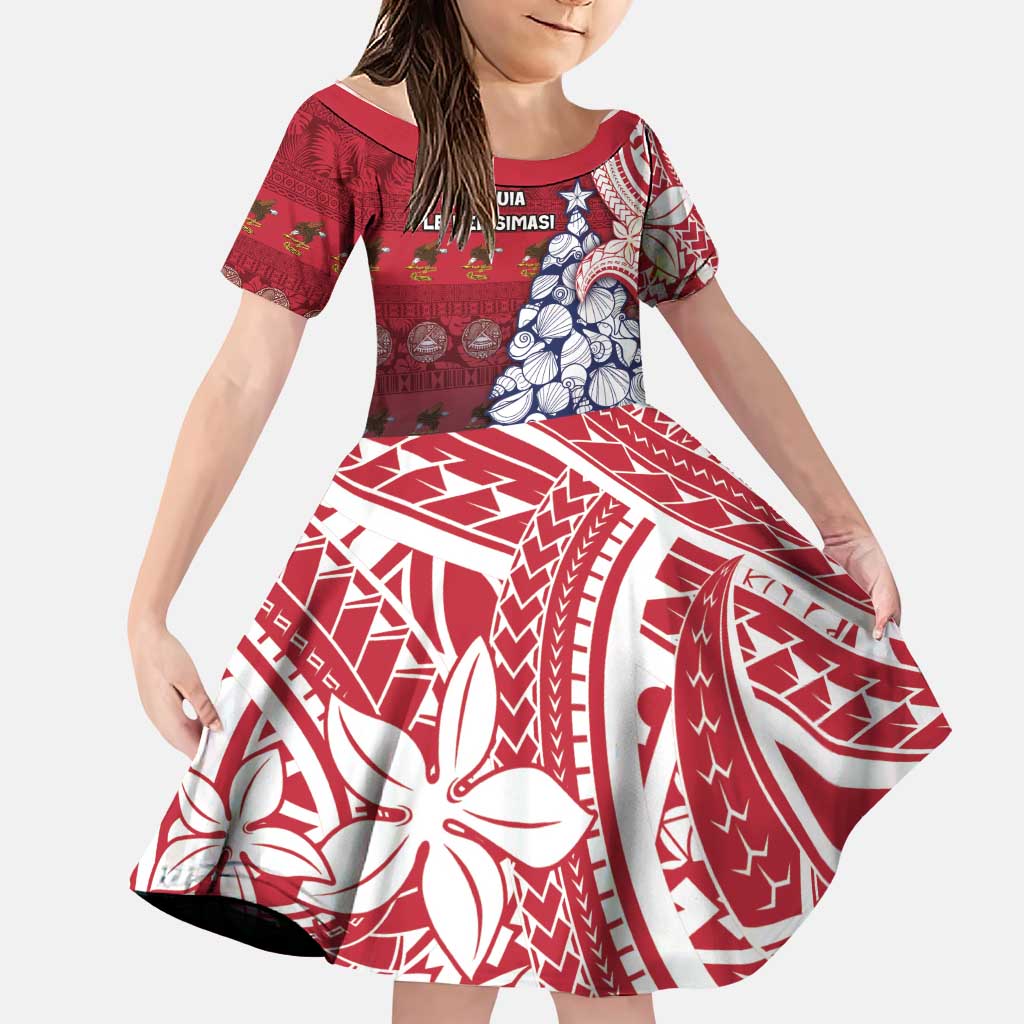 American Samoa Christmas Family Matching Puletasi and Hawaiian Shirt Seashell Xmas Tree Tribal Waves DT05 Daughter's Dress Red - Polynesian Pride