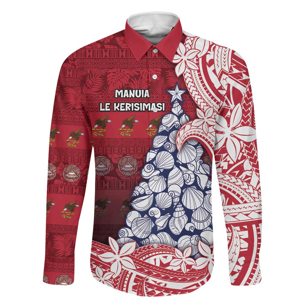 American Samoa Christmas Family Matching Puletasi and Hawaiian Shirt Seashell Xmas Tree Tribal Waves DT05 Dad's Shirt - Long Sleeve Red - Polynesian Pride