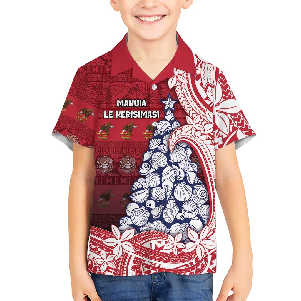 American Samoa Christmas Family Matching Puletasi and Hawaiian Shirt Seashell Xmas Tree Tribal Waves DT05 Son's Shirt Red - Polynesian Pride