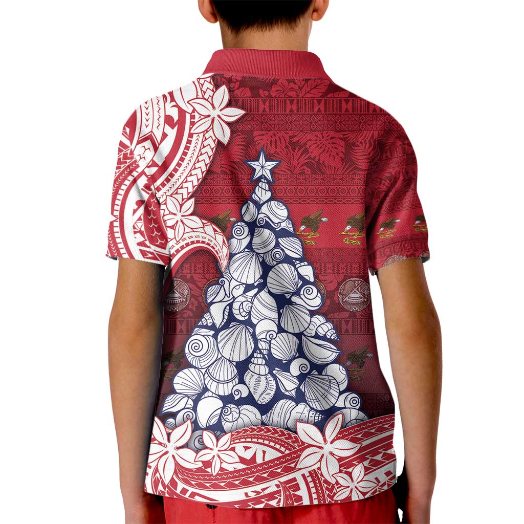 American Samoa Christmas Kid Polo Shirt Seashell Xmas Tree Tribal Waves - Polynesian Pride