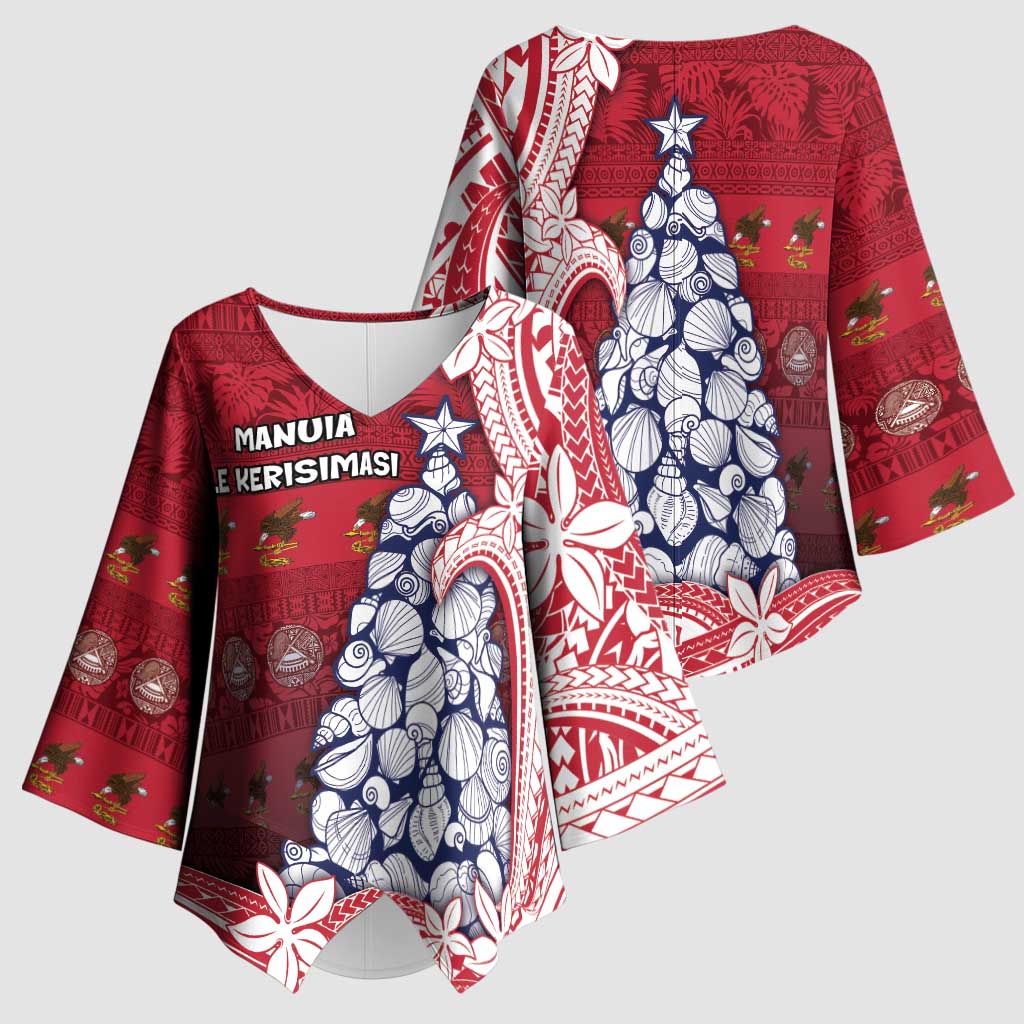 American Samoa Christmas Kimono Sleeve Blouse Seashell Xmas Tree Tribal Waves - Polynesian Pride